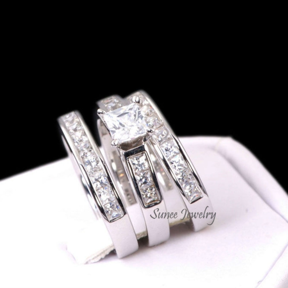 Real 925 Princess Cut Wedding Engagement Ring Set